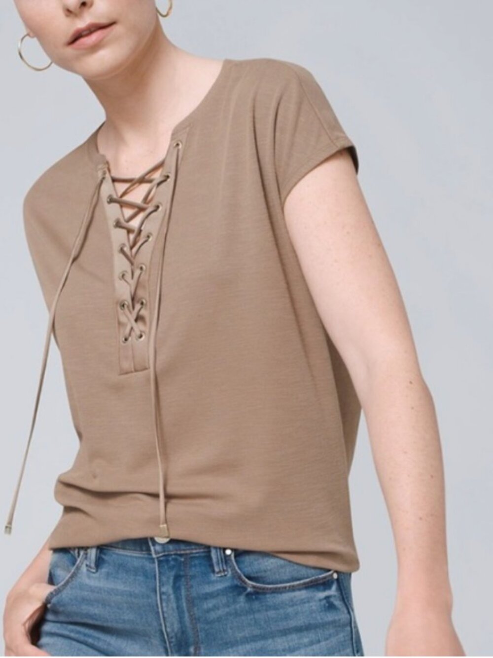 White House Black Market Top Lace Up Tee Medium Olive Green Business Casual